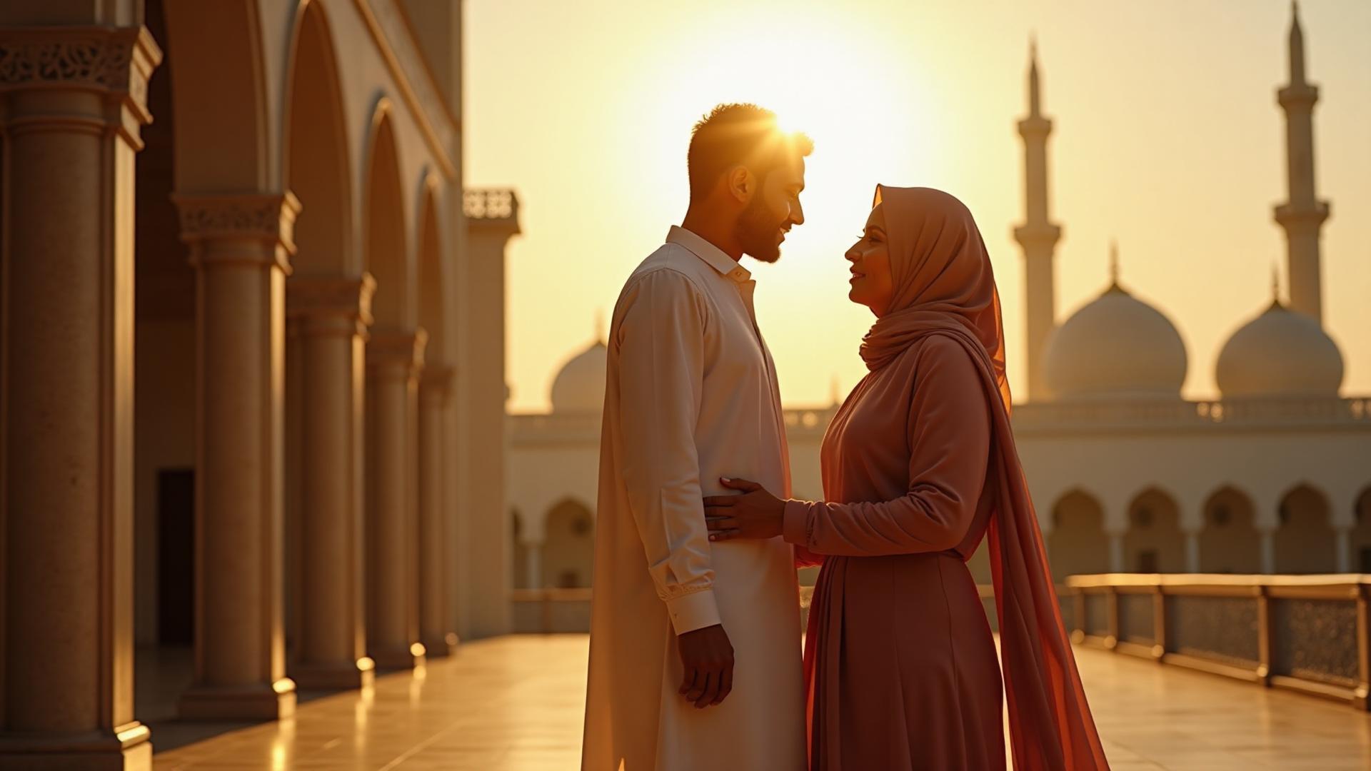 Muslim couple at a mosque courtyard